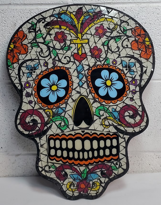 Large Mexican Mosaic Sugar Skull Wall Decor Day Of The Dead Colorful Art Glass