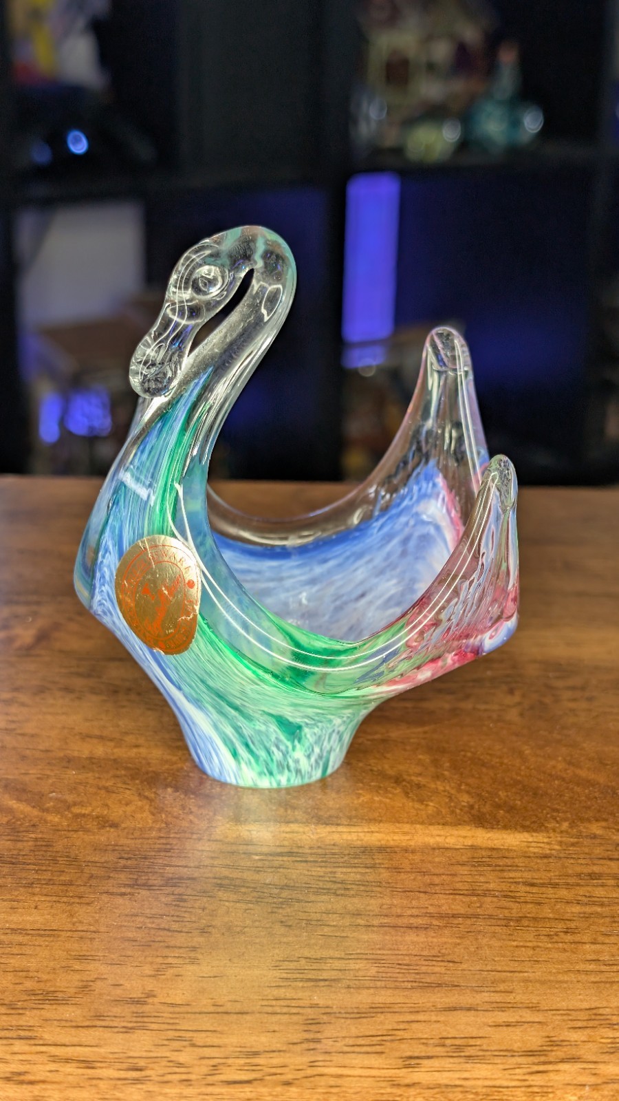 Vintage Murano Blown Glass Swan. Blue, Green & White. Approx. 5 Inches Tall.