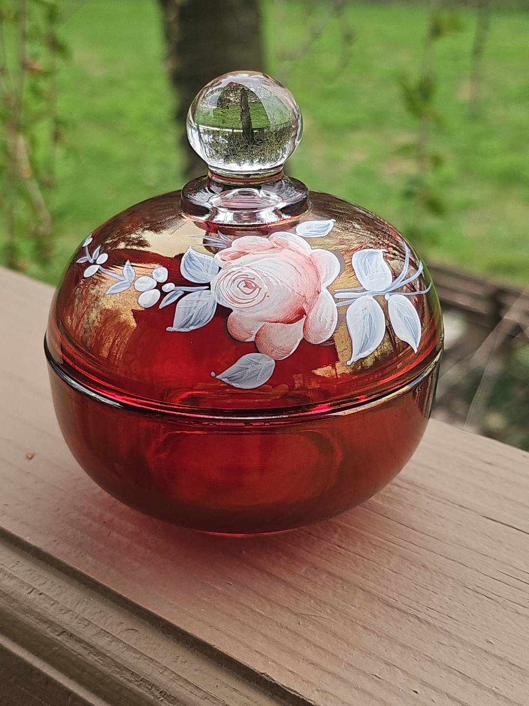Vtg Westmoreland Cranberry Covered Trinket Dish Vanity Decor Hand Painted Signed