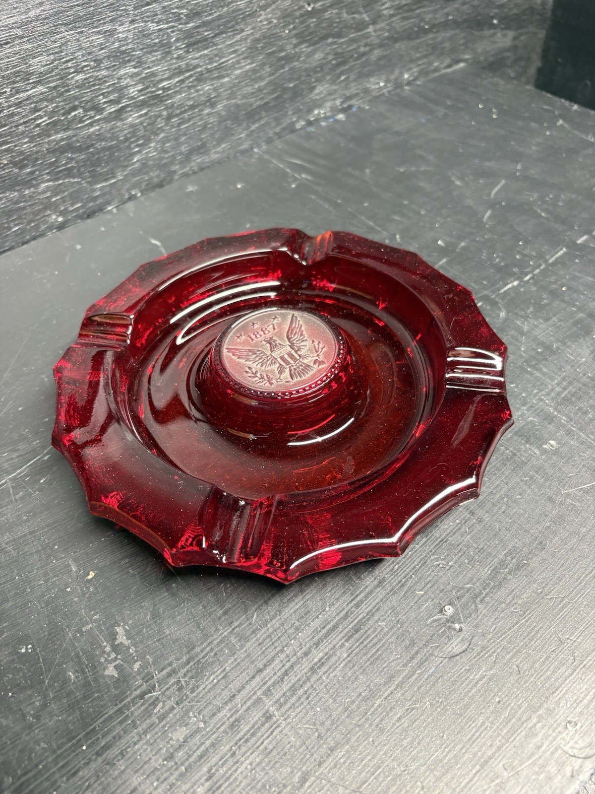 A Beautiful Vintage Ruby Red Fostoria 7.25” Glass Ashtray 1887 Coin Dot Design.