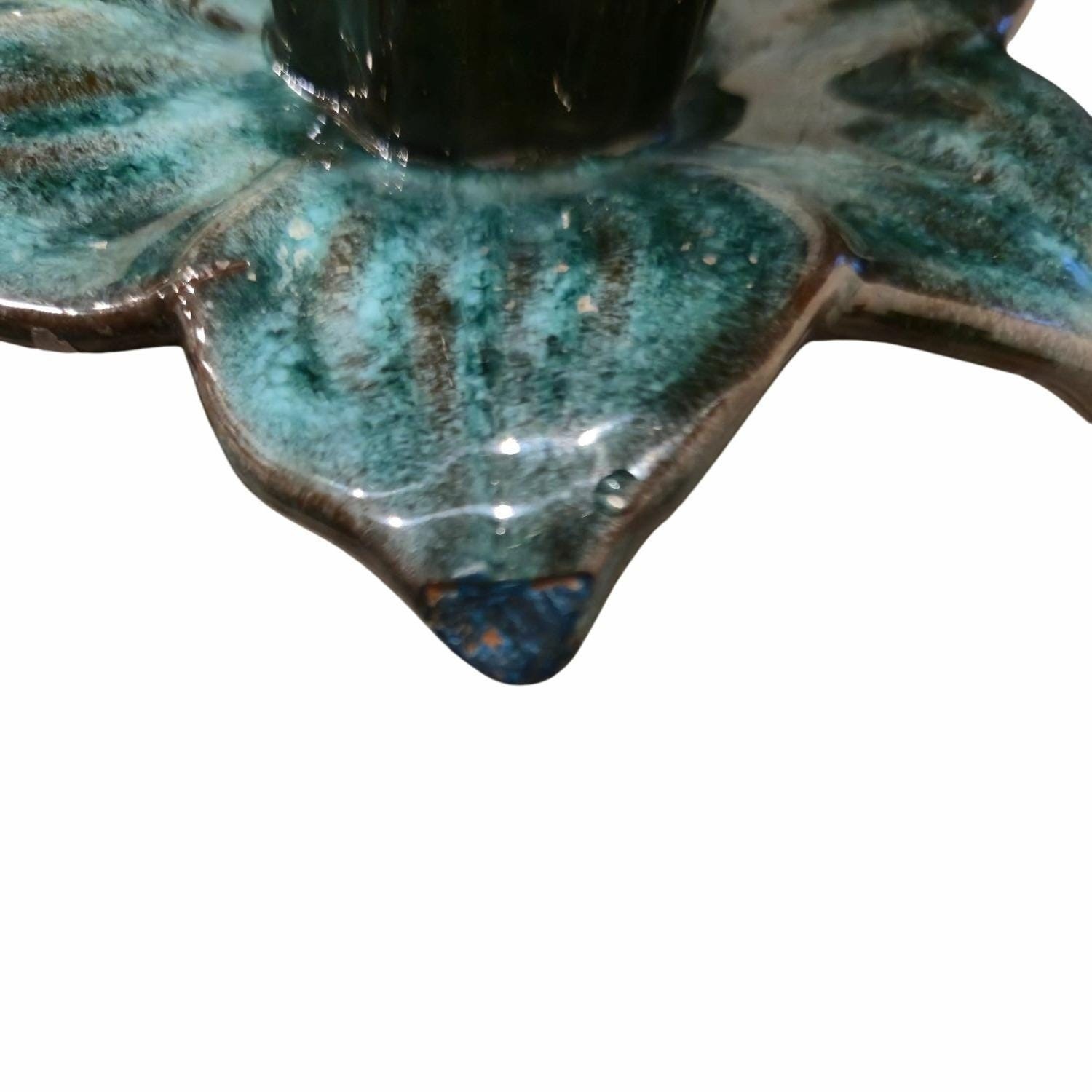 Vintage Pottery Candlestick Holders Daffodil Black turquoise Drip Glaze set of 2