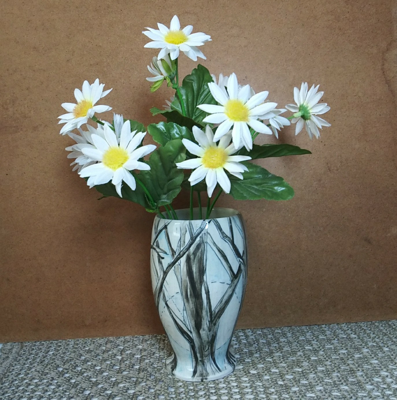 Handmade Vase 5″ Modern Deco Trees Hand Painted White Black Blue Matte