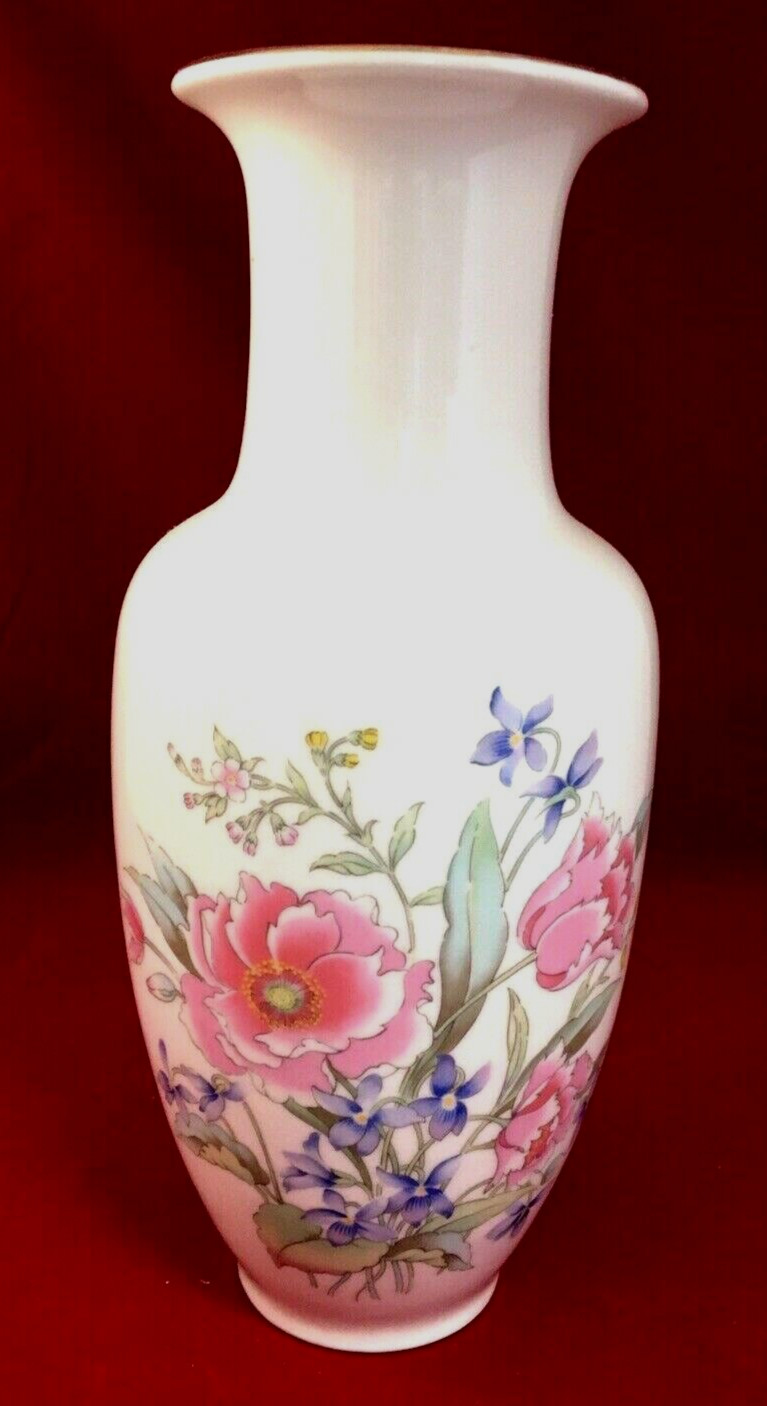 Japanese Fine China White Vase Pink Blue Floral Gold Rimmed 10.5″ Vintage