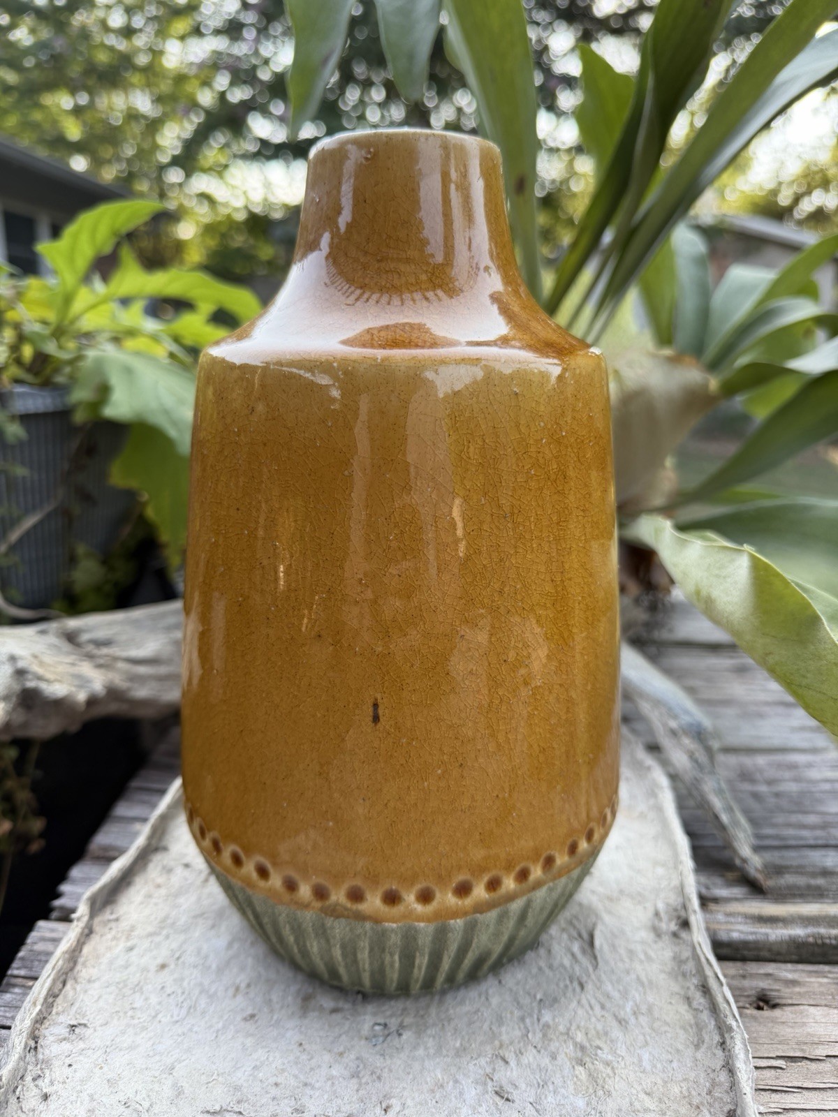 Vintage Studio Pottery Vase Amber Crackle Glaze Olive Green Ceramic 10” Decor