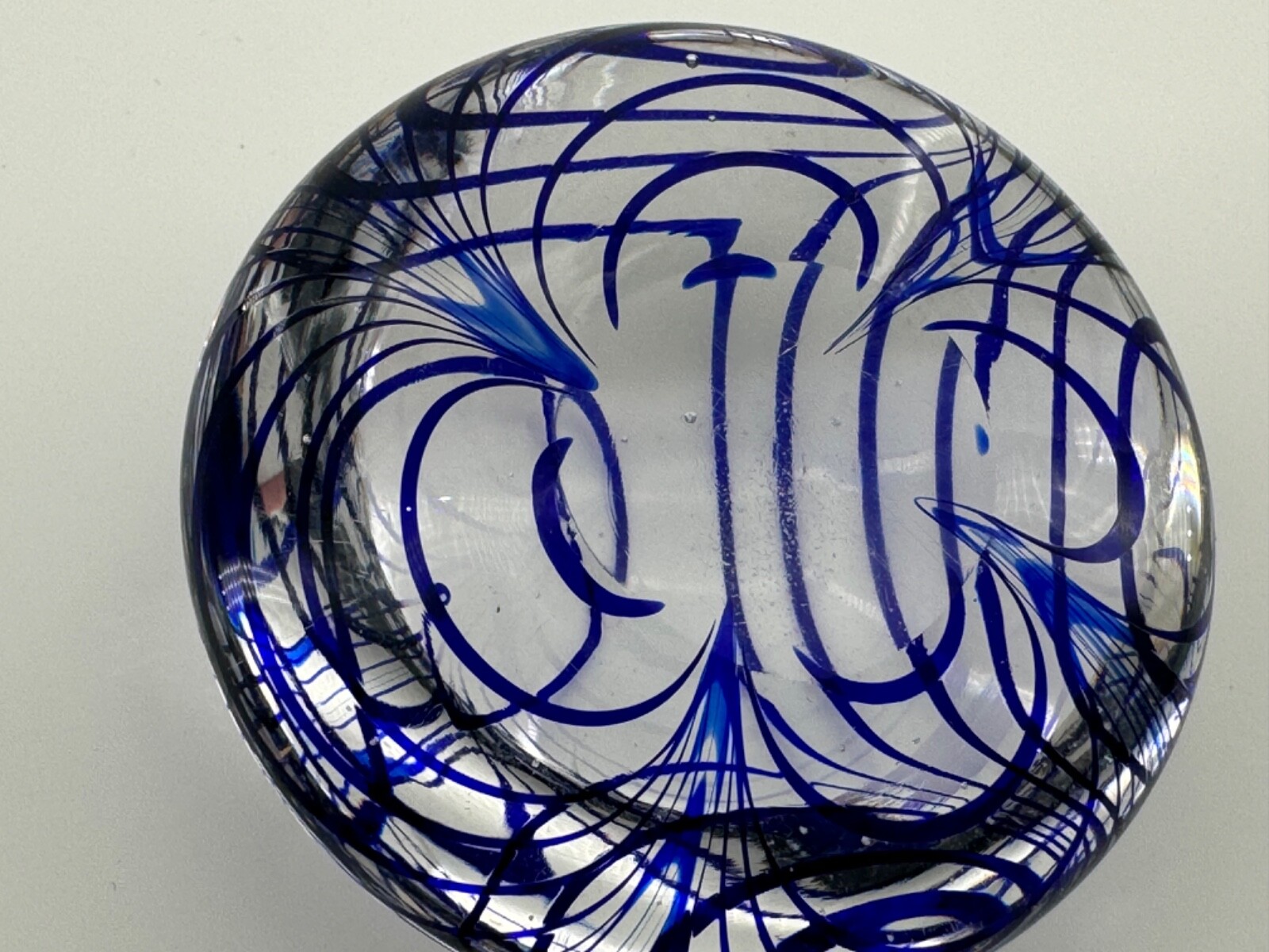 Clear and Cobalt Blue Swirl Art Glass round Shaped Hand blown Paperweight 2.5”