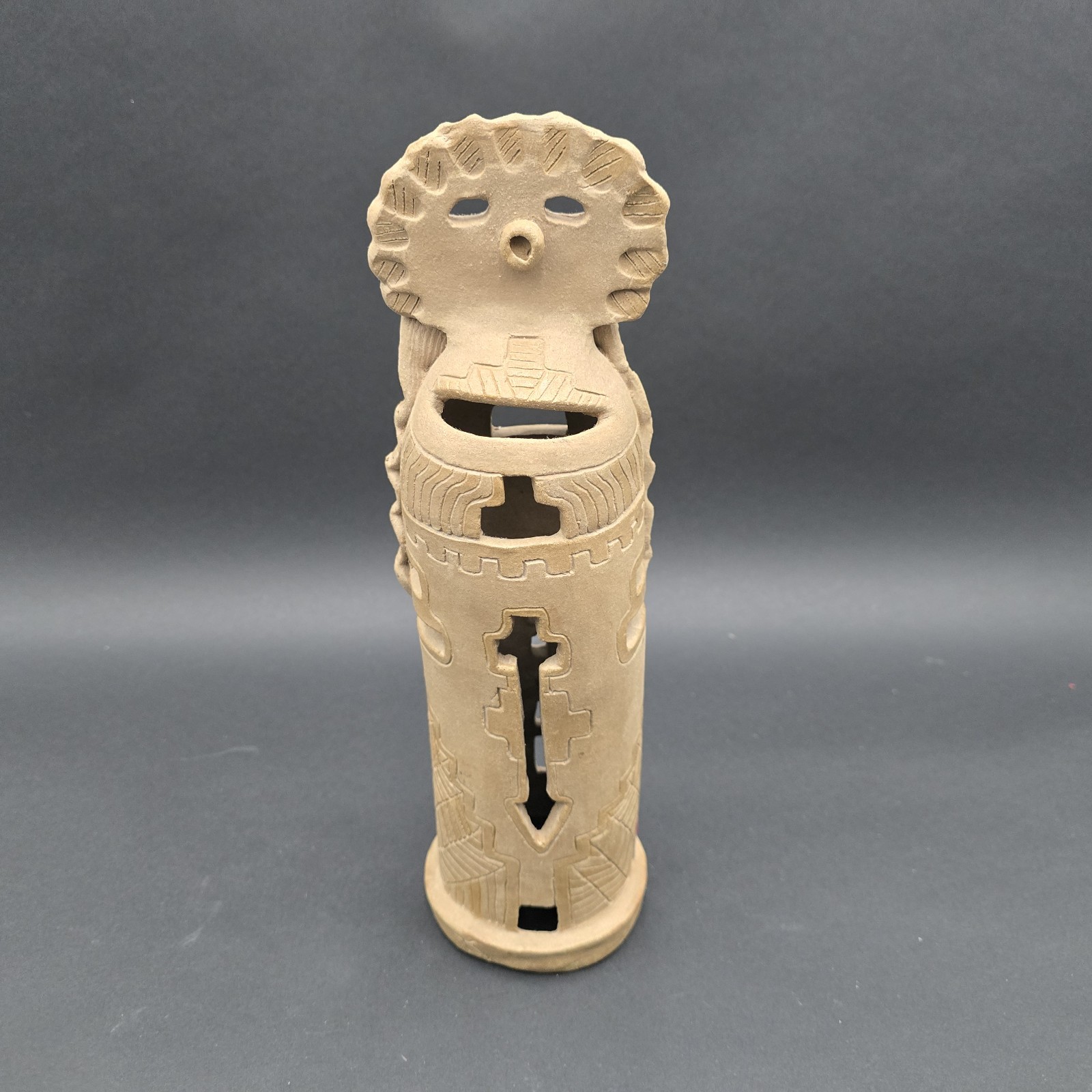 Clay Pottery Kachina Sculpture Candle Luminary Signed 12.5″ Native Folk Art