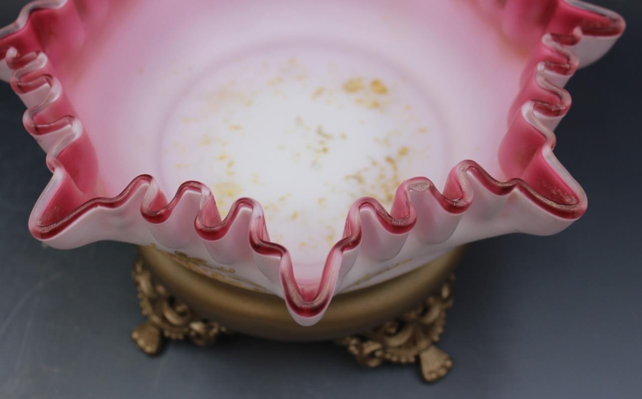 19C Victorian Cased Pink & White Enamel Glass Brides Basket Bowl Centerpiece
