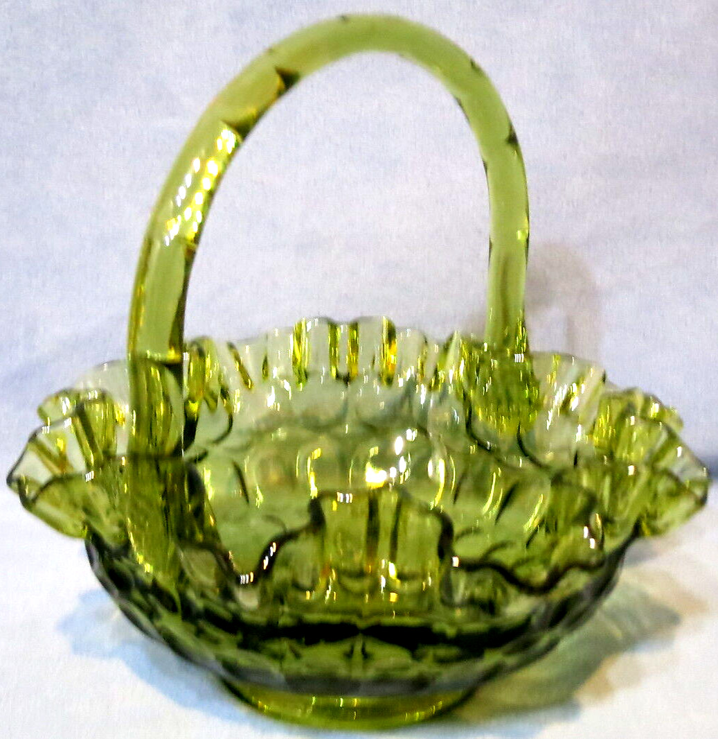 Vintage Fenton Glass Basket Thumbprint Colonial Green 8″ Tall 1968-1970