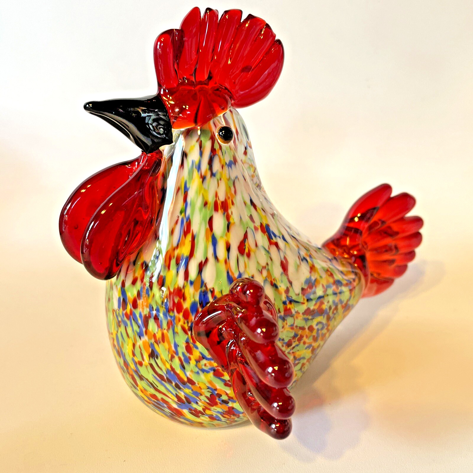 Art Glass Rooster Figurine Multi-Colored Speckled Body