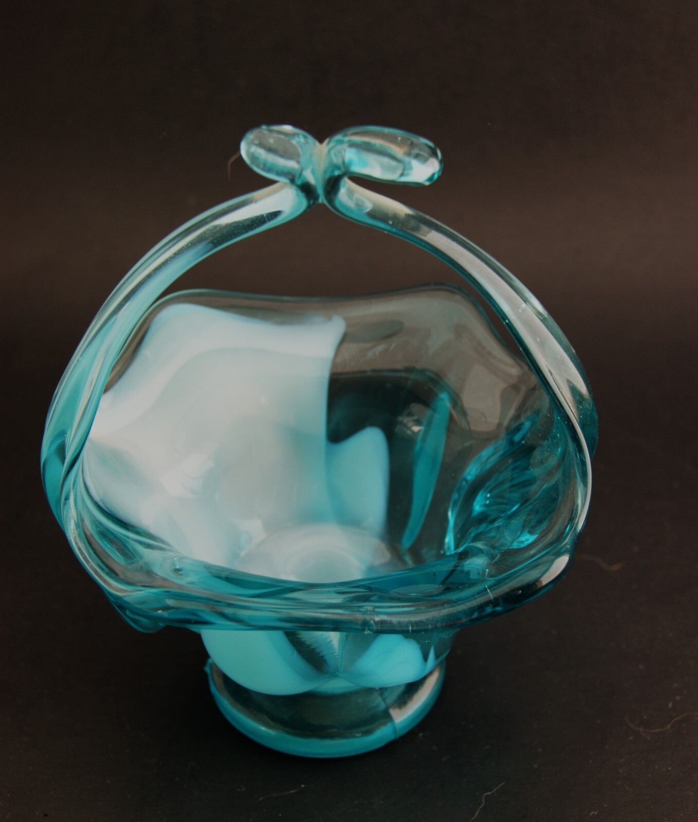 Blown Biomorphic Art Glass Sweet Meat Basket Blue and White Swirl Candy Dish