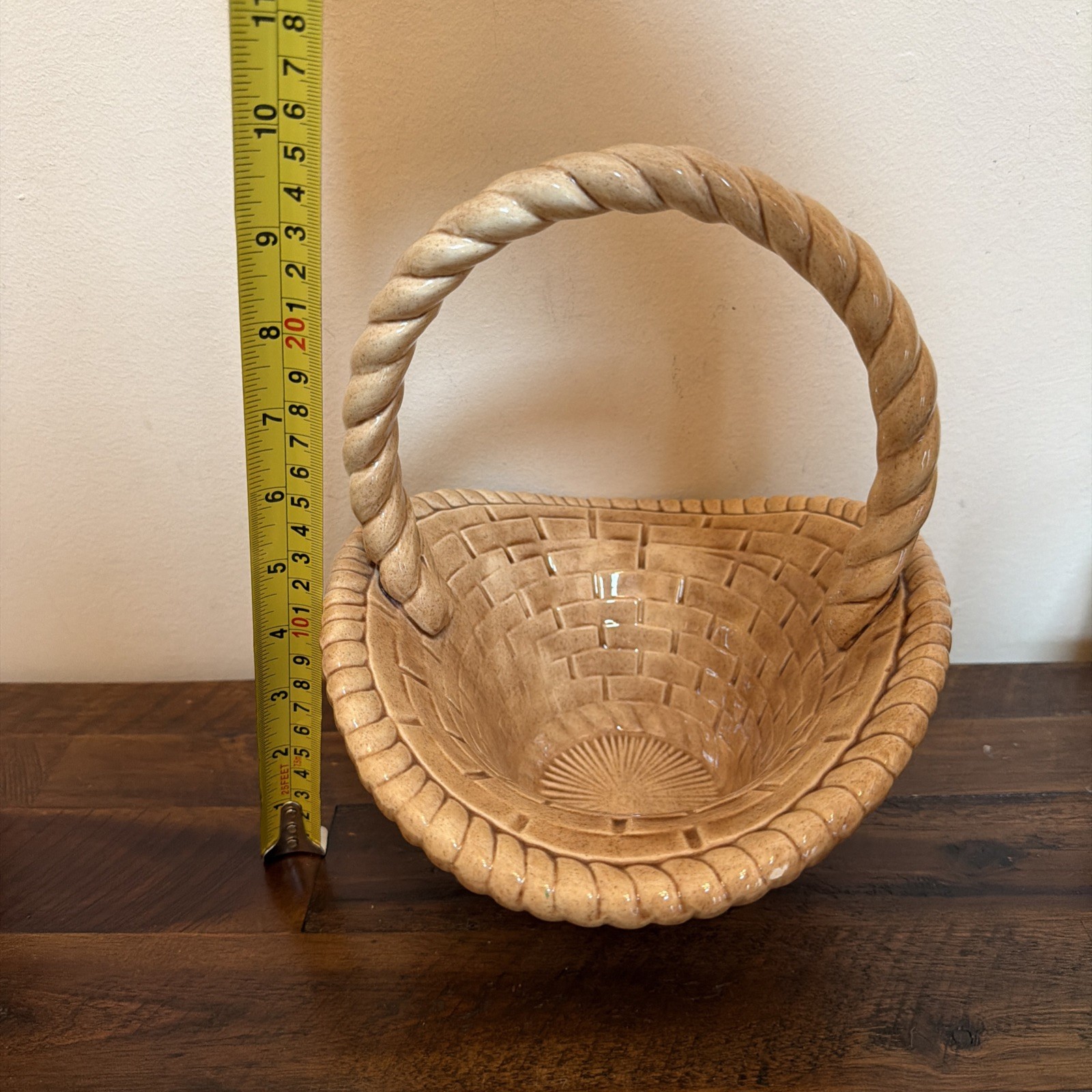 Vintage Handmade Ceramic Brown WOVEN BASKET WITH HANDLE. Signed EB