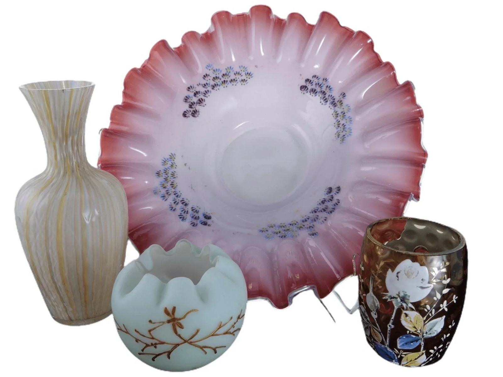 c1890 Victorian Art Glass Collection, Rainbow blown mold vase, Brides bowl, Uran