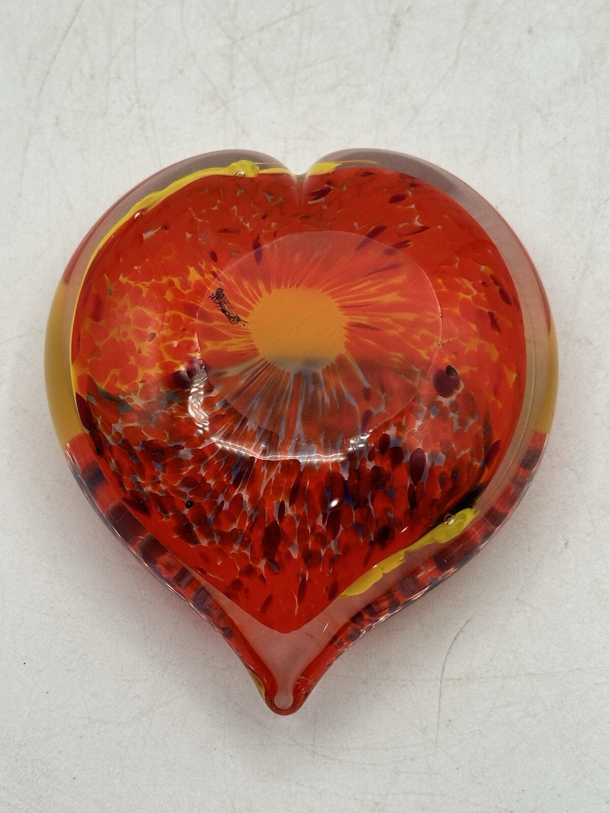 Art Glass Blown Paperweight Heart Shaped Orange And Yellow Clear Cased