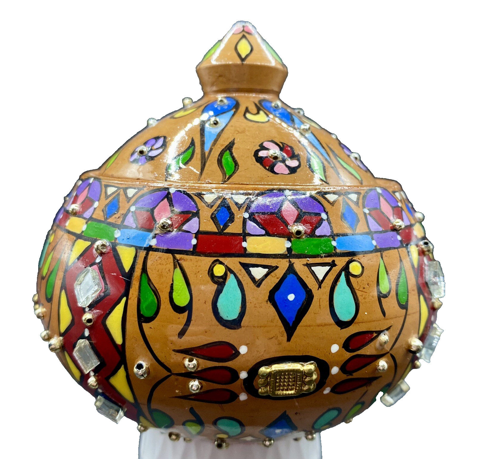 Fancy Pot Clay Covered Bowl/Trinket Jar, India, Colorful & Ornamented