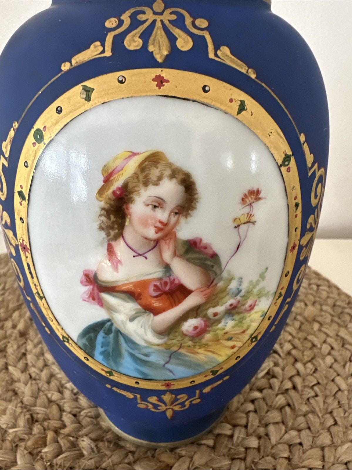 19C Old Paris Painted Neoclassical lady portrait Medallion Blue Gold Vase 13”