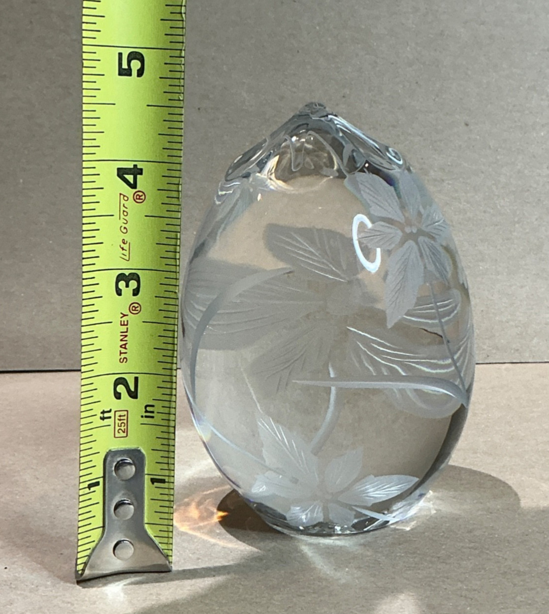 Crystal Egg Shaped Paperweight ~ Etched Design ~ 4.5 inches