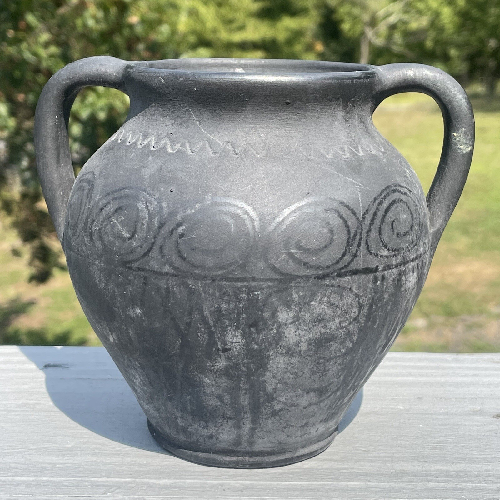 Vintage 20th C. Black on Blackware Pottery Romania Folk Art Two Handled Vase