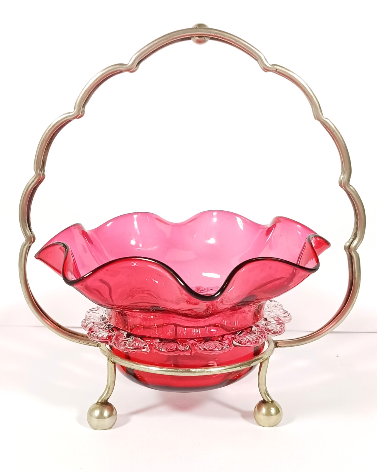 ANTIQUE PRIMITIVE CRANBERRY GLASS SUGAR BOWL SILVERPLATE BASKET HOLDER