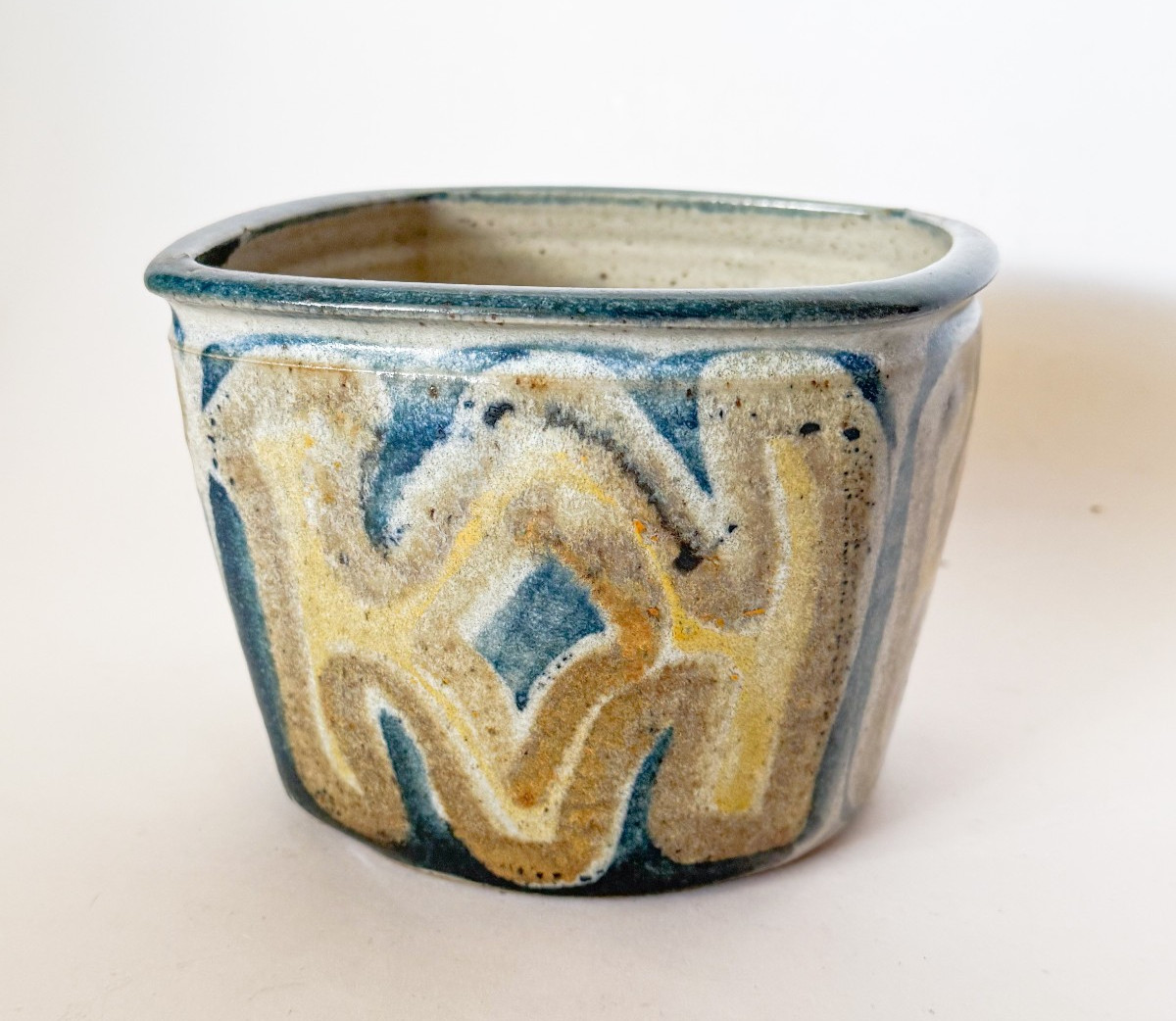 Mid 20th Century Glazed Studio Pottery Squared Planter, Signed, Mod Design
