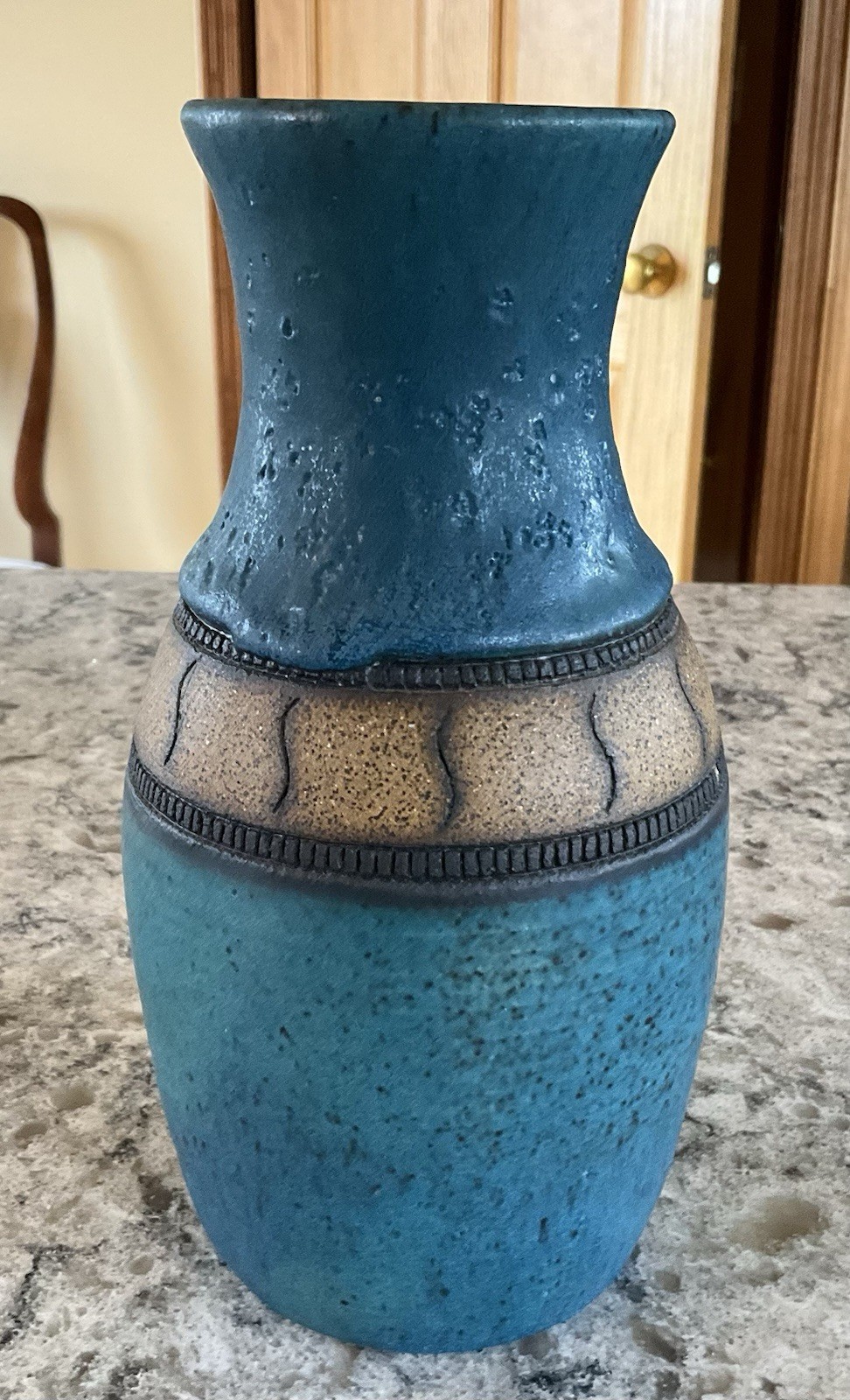 Hand Thrown Studio Pottery Vase Teal With Textured Decorative Band Vintage