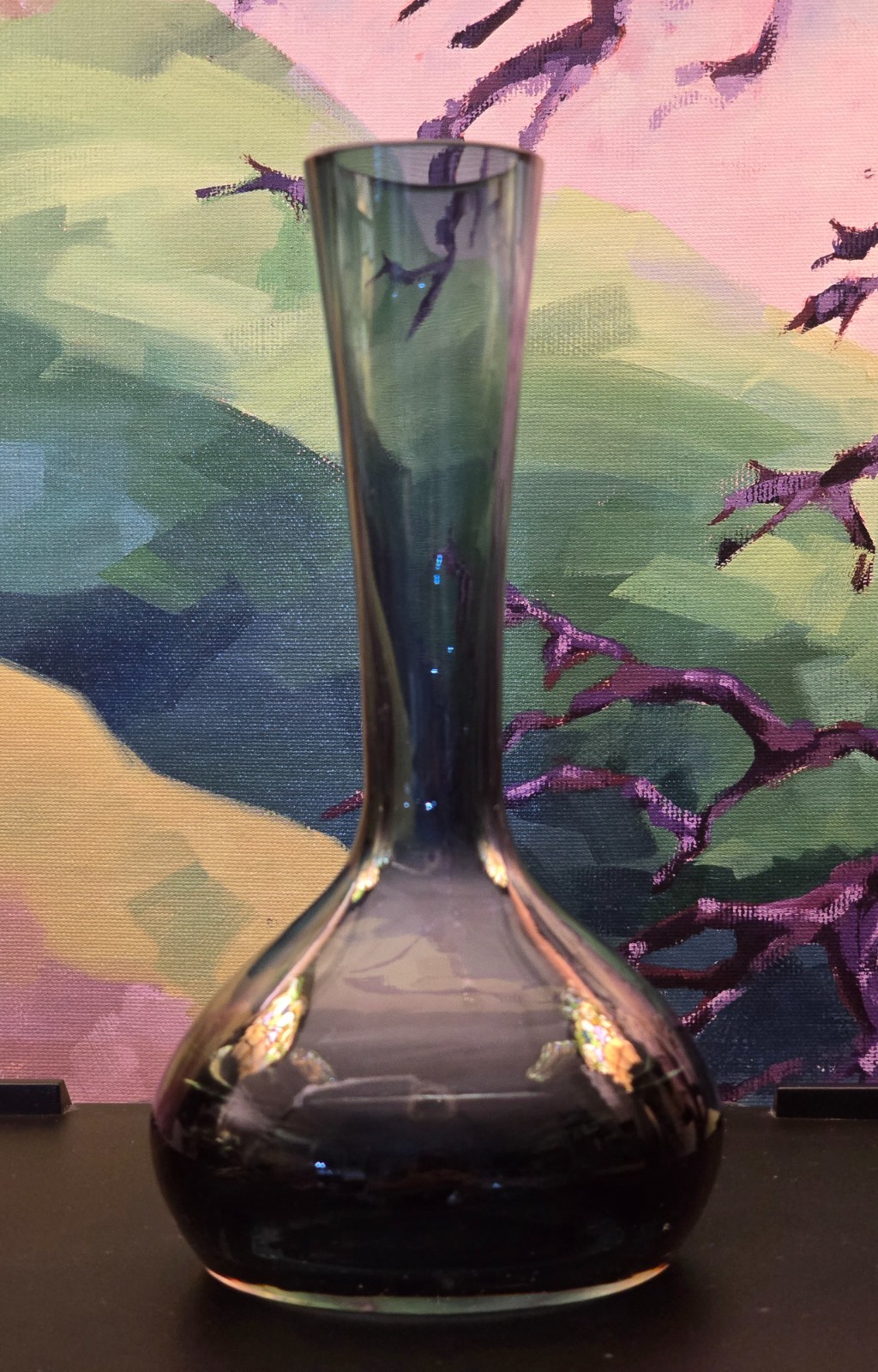 Vintage Gullaskruf Teal Hand Blown Glass Vase–7″ tall–1″ thick bottom–15.4 oz