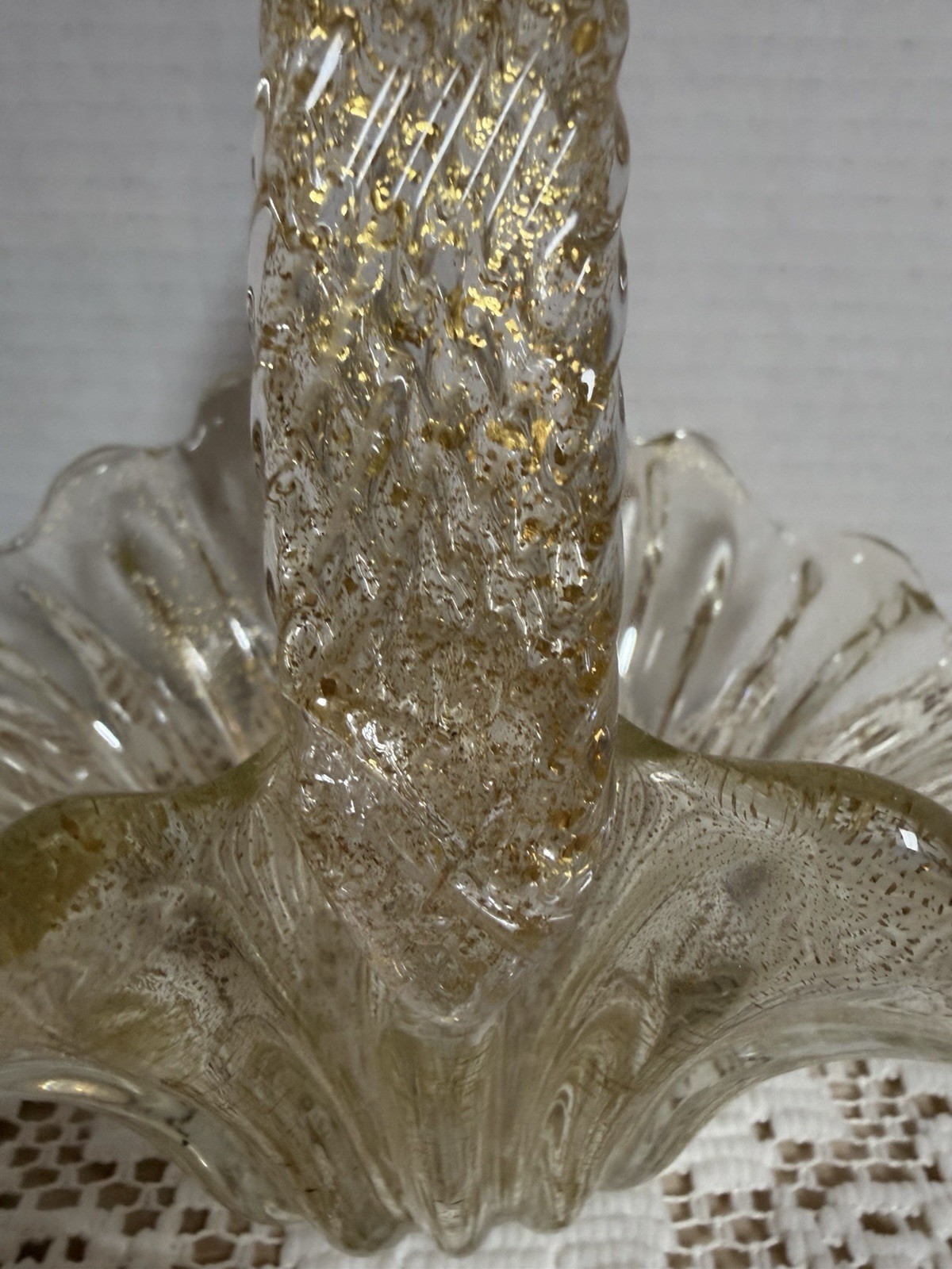 Vintage Murano Clear With Gold Flecks Italian Glass Basket With Twisted Handle