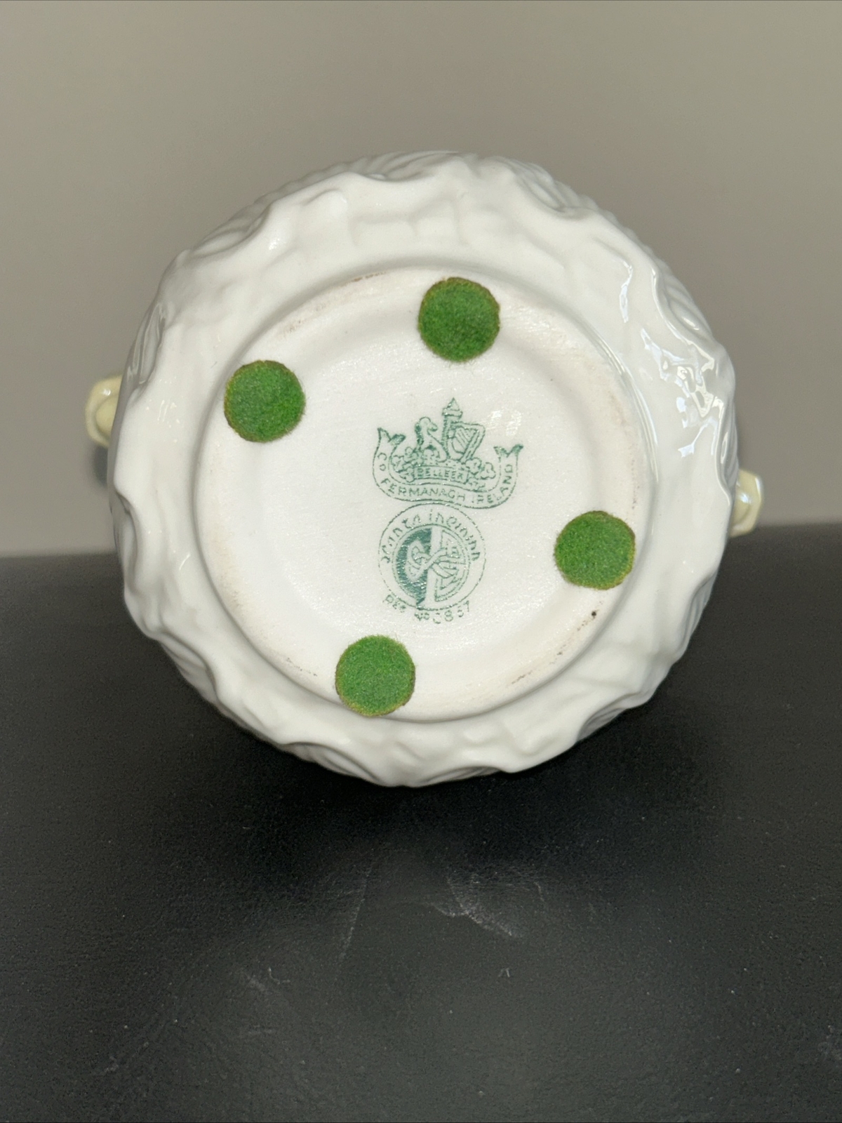 Vintage Belleek Dolphin Fish Handle Yellow Luster 6 1/2” Vase