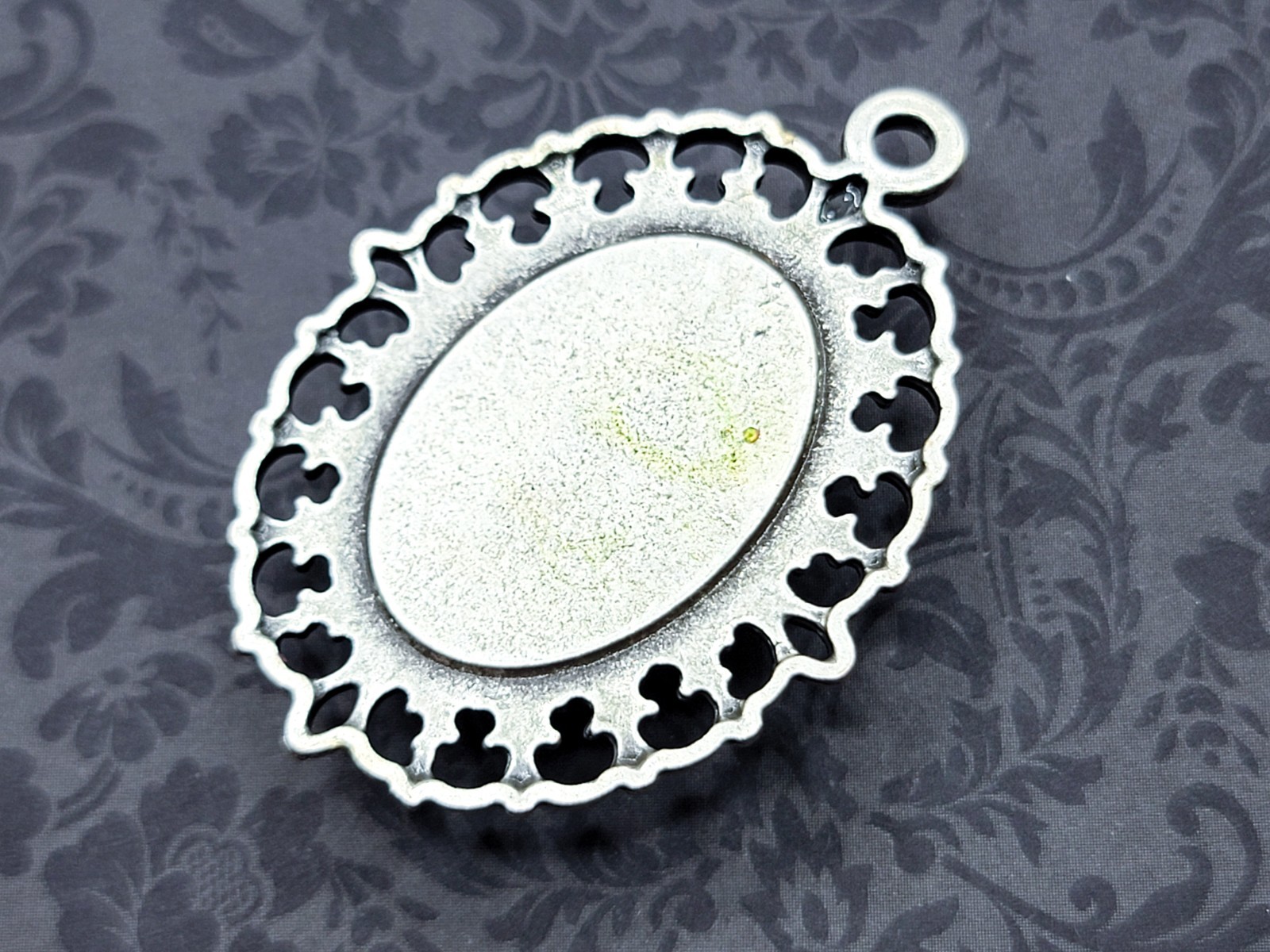 Large Uranium Glass Framed Pendant Brushed Silver Plated Green Opal Glass 1pc