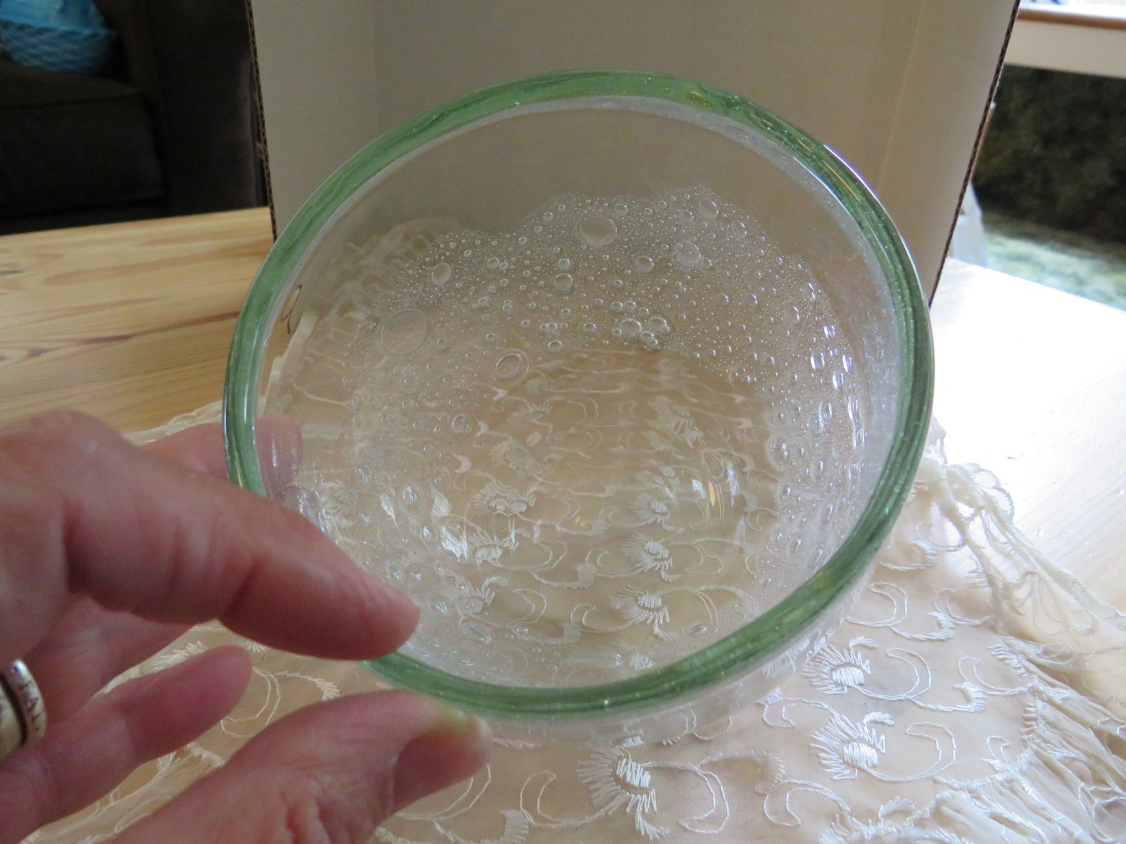 Signed Eisch Waldperle German Glass Bowl Vase Bubble w/ Green Rim 4 1/4″ Tall
