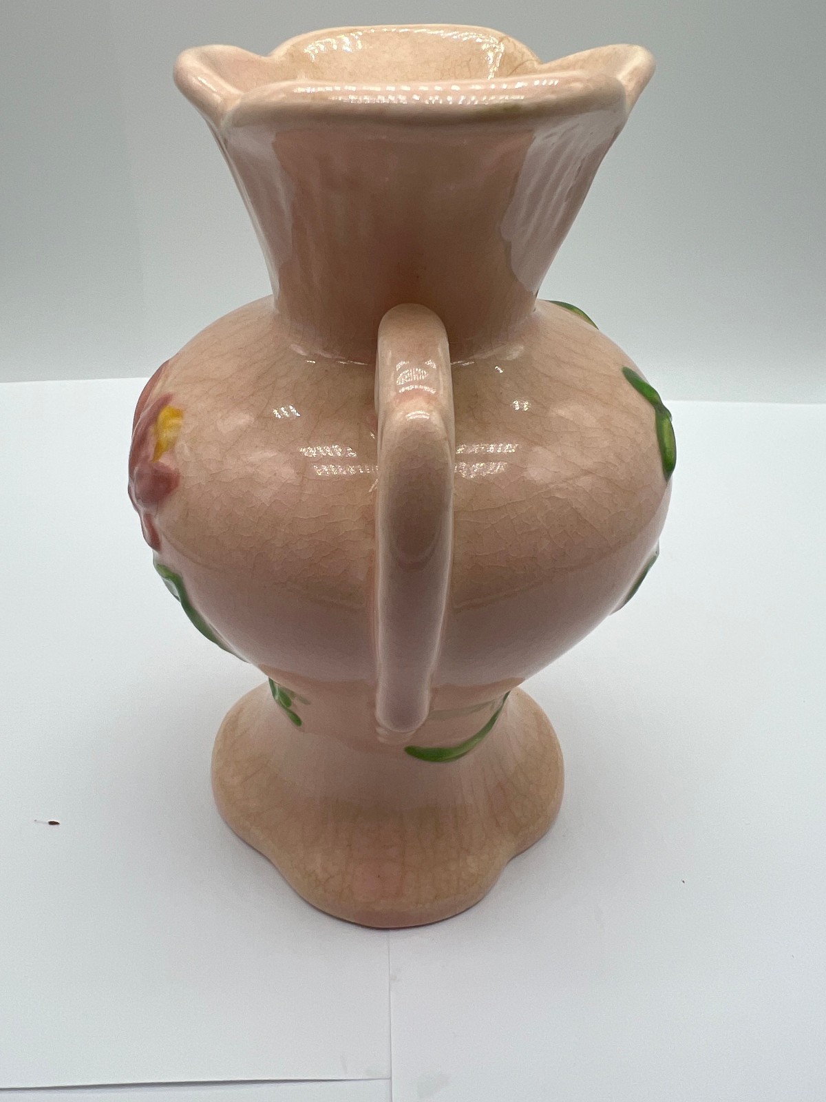 Vtg HULL Art Pottery Flower Vase Handles Pink Magnolia H-4-6 1/2″ In Glaze USA