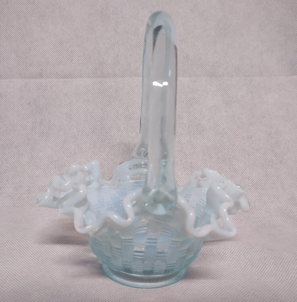 Fenton Provincial Blue Opalescent Basket Open Lace Ruffled Edge Basket Weave