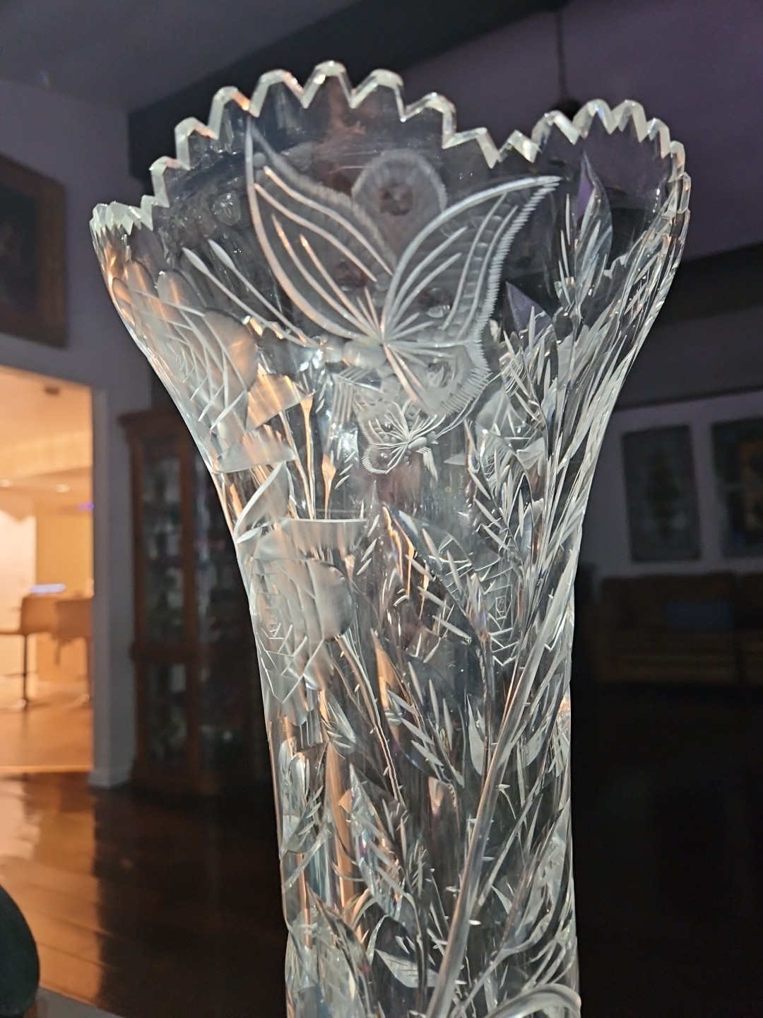 Huge 16-1/4″ VASE, American Brilliant Period Cut Glass Crystal Butterfly & Rose