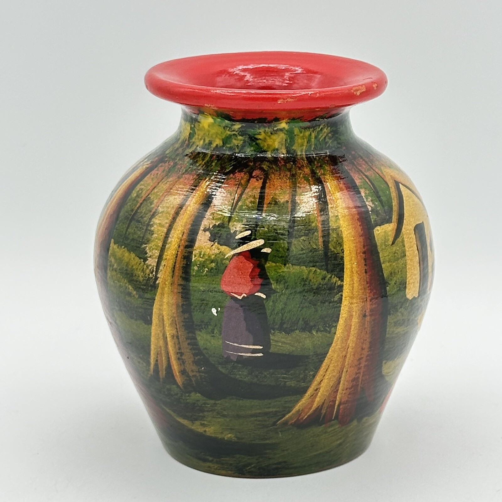 Ecuador Art Pottery Vase Beautifully Hand Painted Red Interior 4.5 Inches Tall