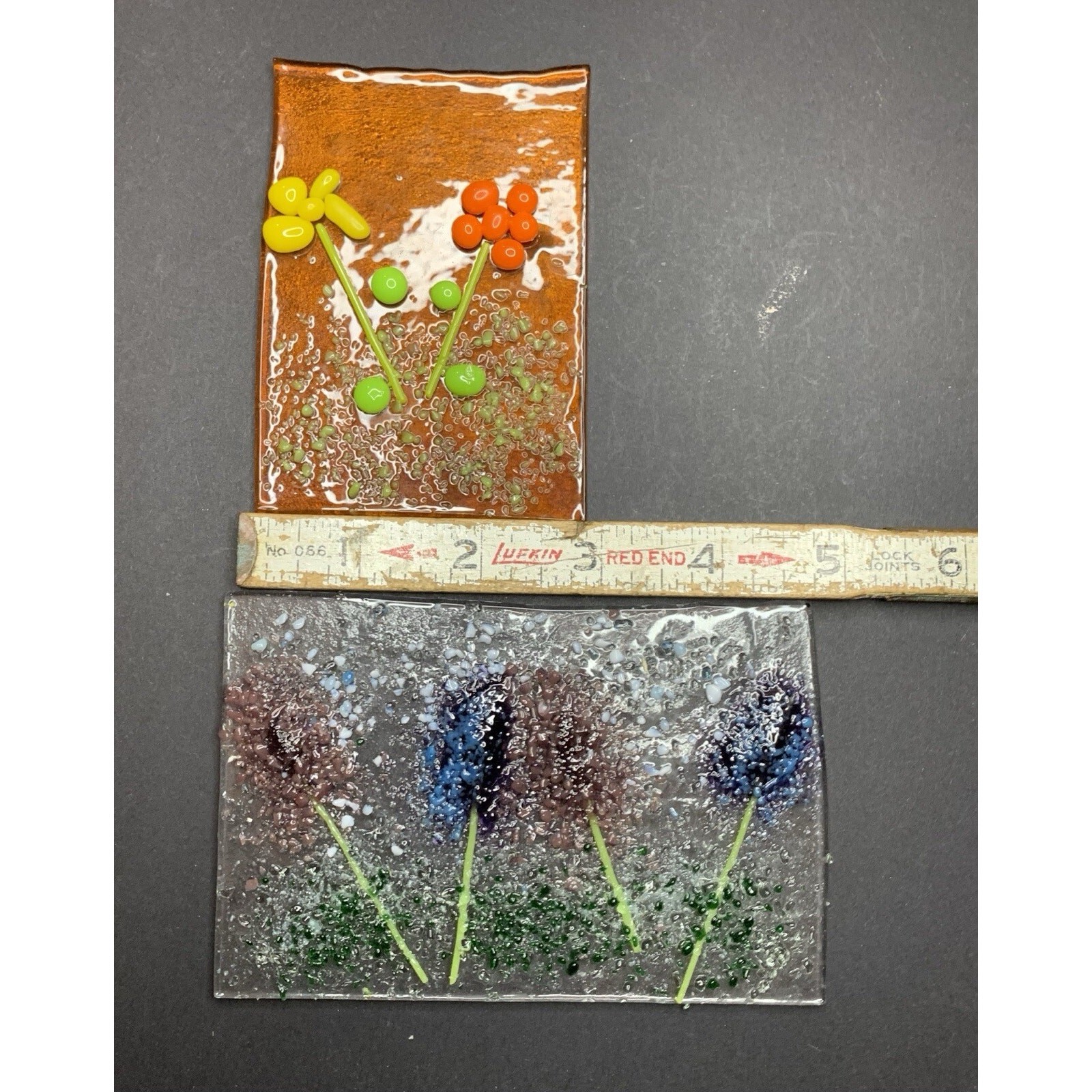 Fused Glass Art Slab Lavender Purple Flowers Picture Handmade Iridescent Mini
