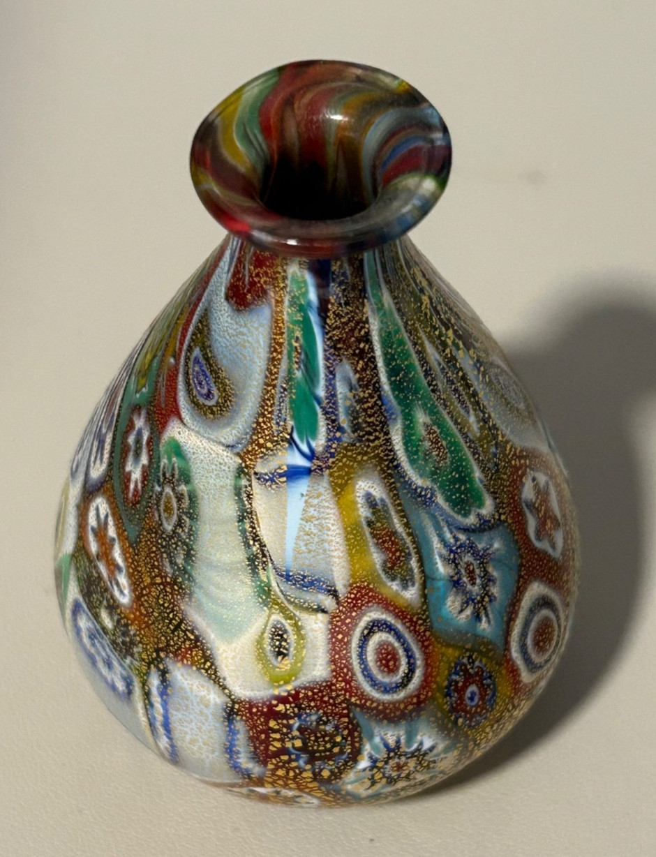 Murano Millefiori Gold Quilt Bud Vase 3 1/2 inches