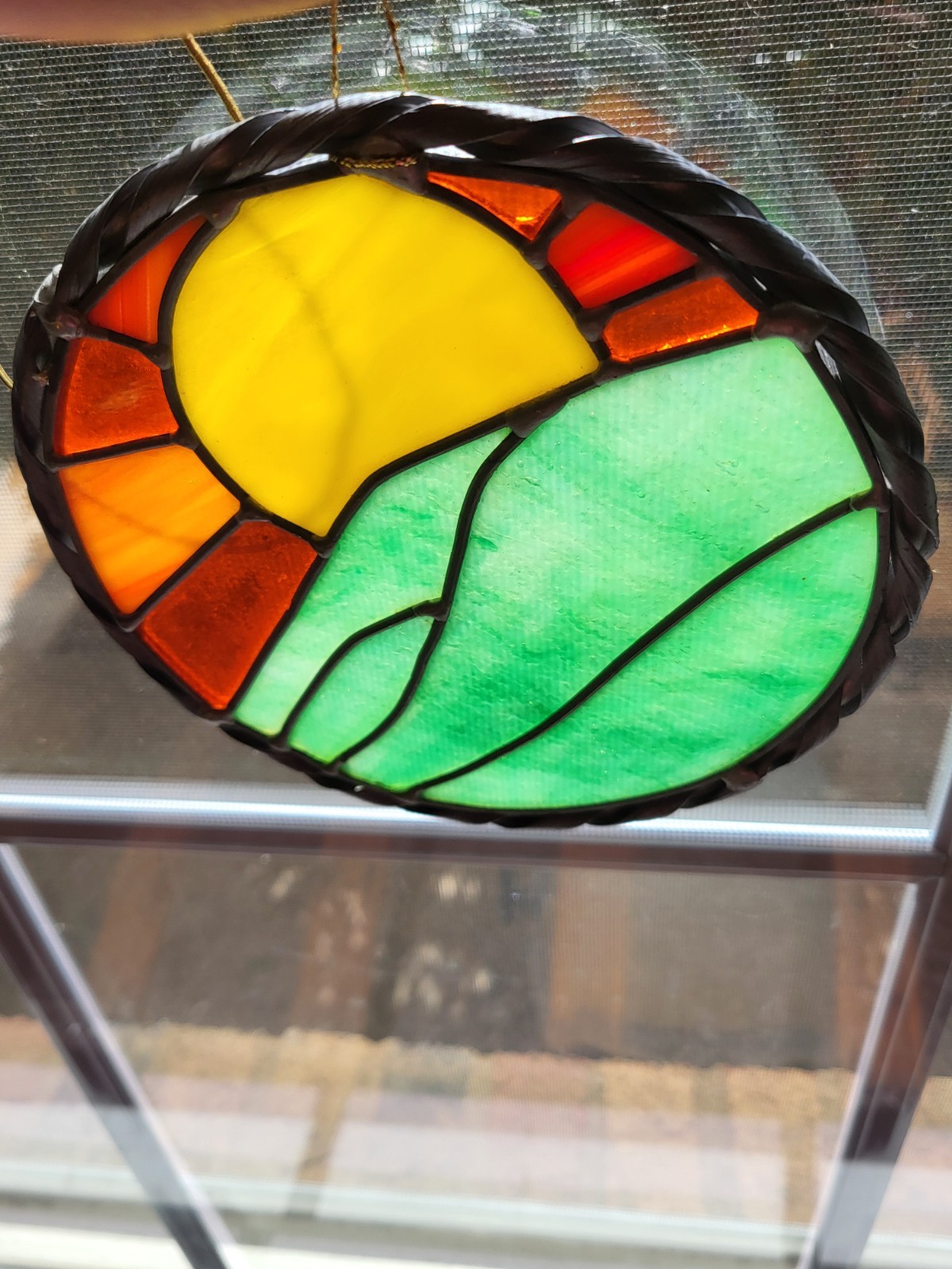 Vtg Stained Slag Glass Sunrise/Sunset Colorful Stained Glass Suncatcher No Chain