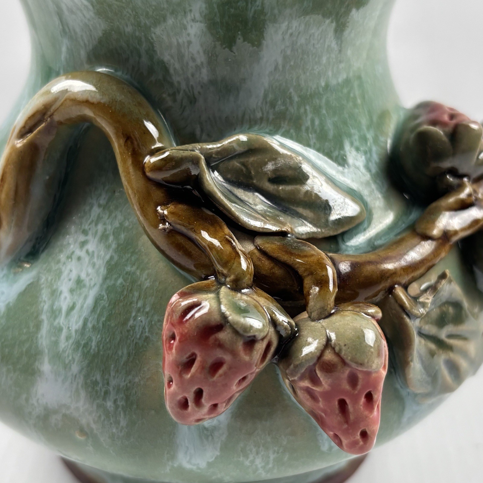 Majolica Style Pottery Vase Strawberries Branch 3D 4.5” Tall Art Studio *READ*