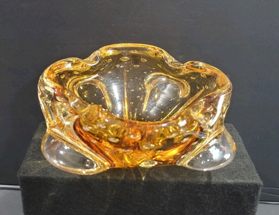 Vintage Murano Bullicante Controlled Bubble Art Glass Amber And Clear Ashtray