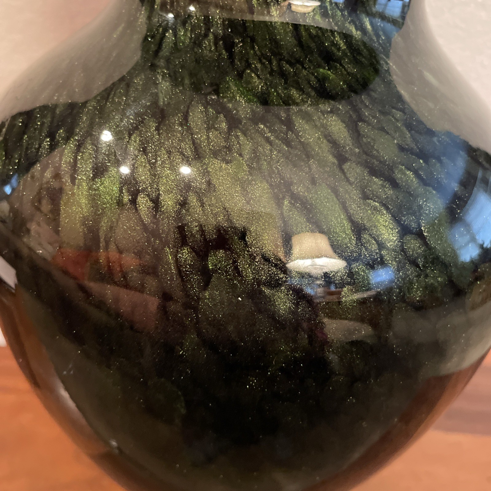 Vtg Japan KAMEI GREEN Art Glass Vase ABSTRACT Stylized Flowers Roses 10”