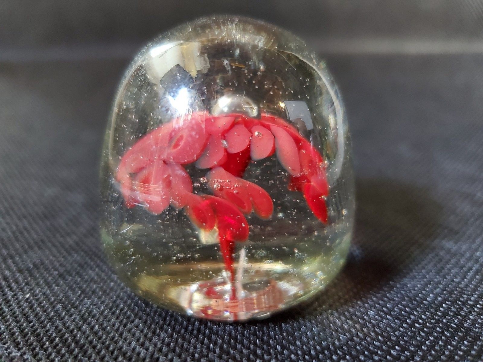 Small Vintage Glass Paperweight with Red Flower 1 3/4”
