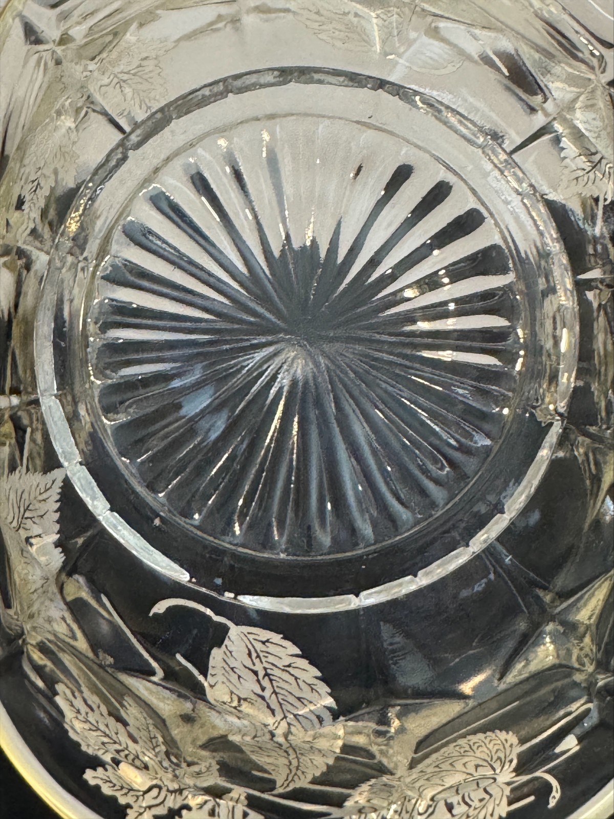 Vintage Cut Crystal Basket Silver Overlay Leaf Design Starburst Base Mid-Century