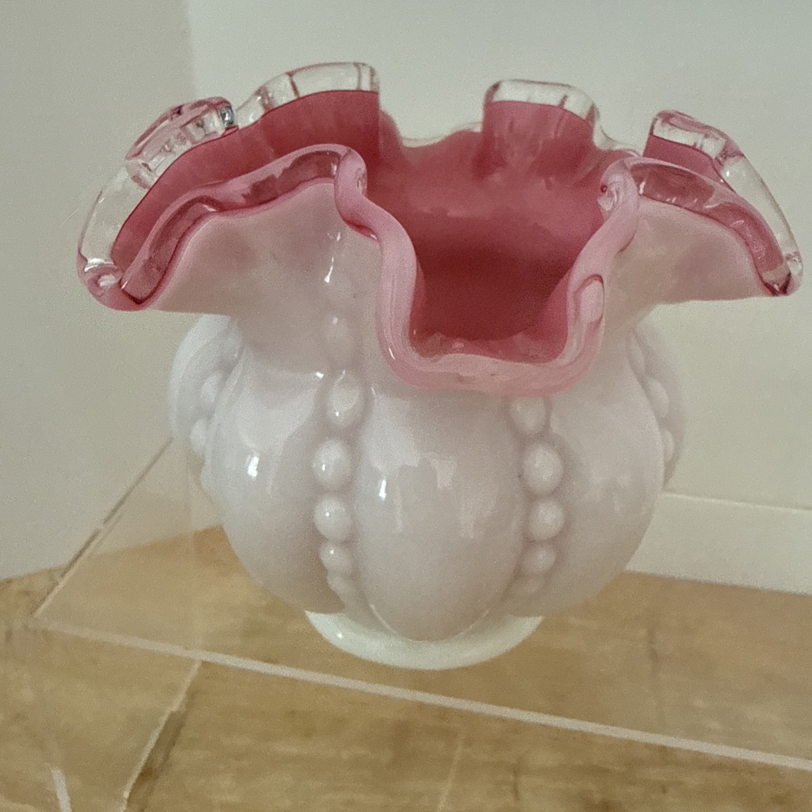 Vtg Fenton Cranberry Overlay Beaded Melon White Silvercrest Ruffled Edge Vase