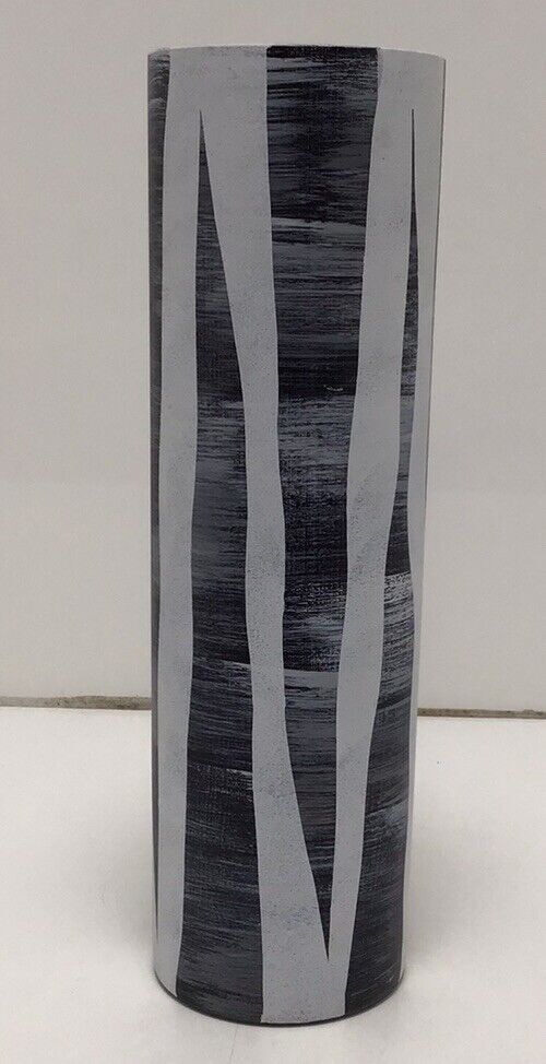 Pier 1 Vase Hand Painted Etched Cylindrical 16″ Tall Black / Grey / White