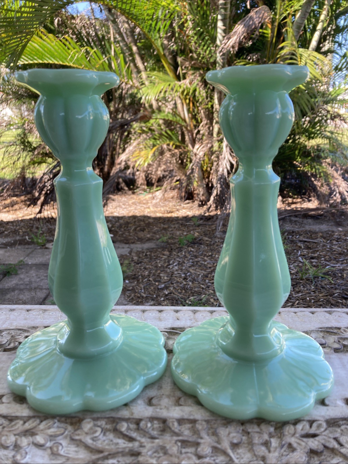 2 Mosser Cambridge Jade Jadeite Green 8 1/4″ Candlesticks Candle Holders * XLNT!