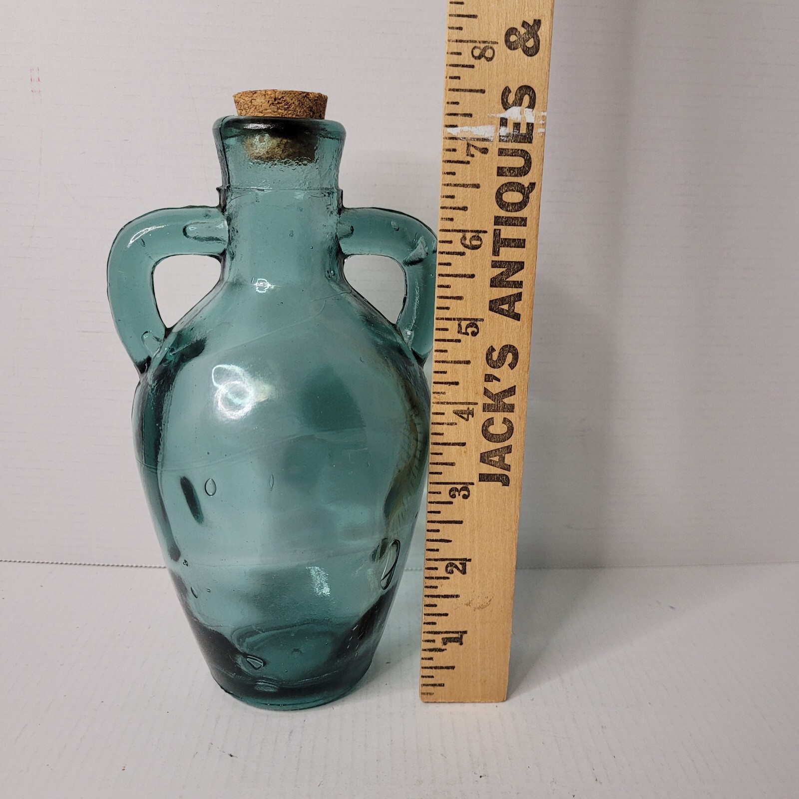 Green Blue Glass Jug With Cork Stopper and 2 Handles Bottle 7.5 in Vintage