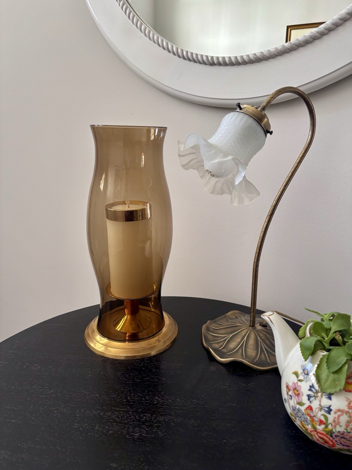 Glass Hurricane Smokey Quartz Amber Art Glass & Brass Candle Holder *not flashed