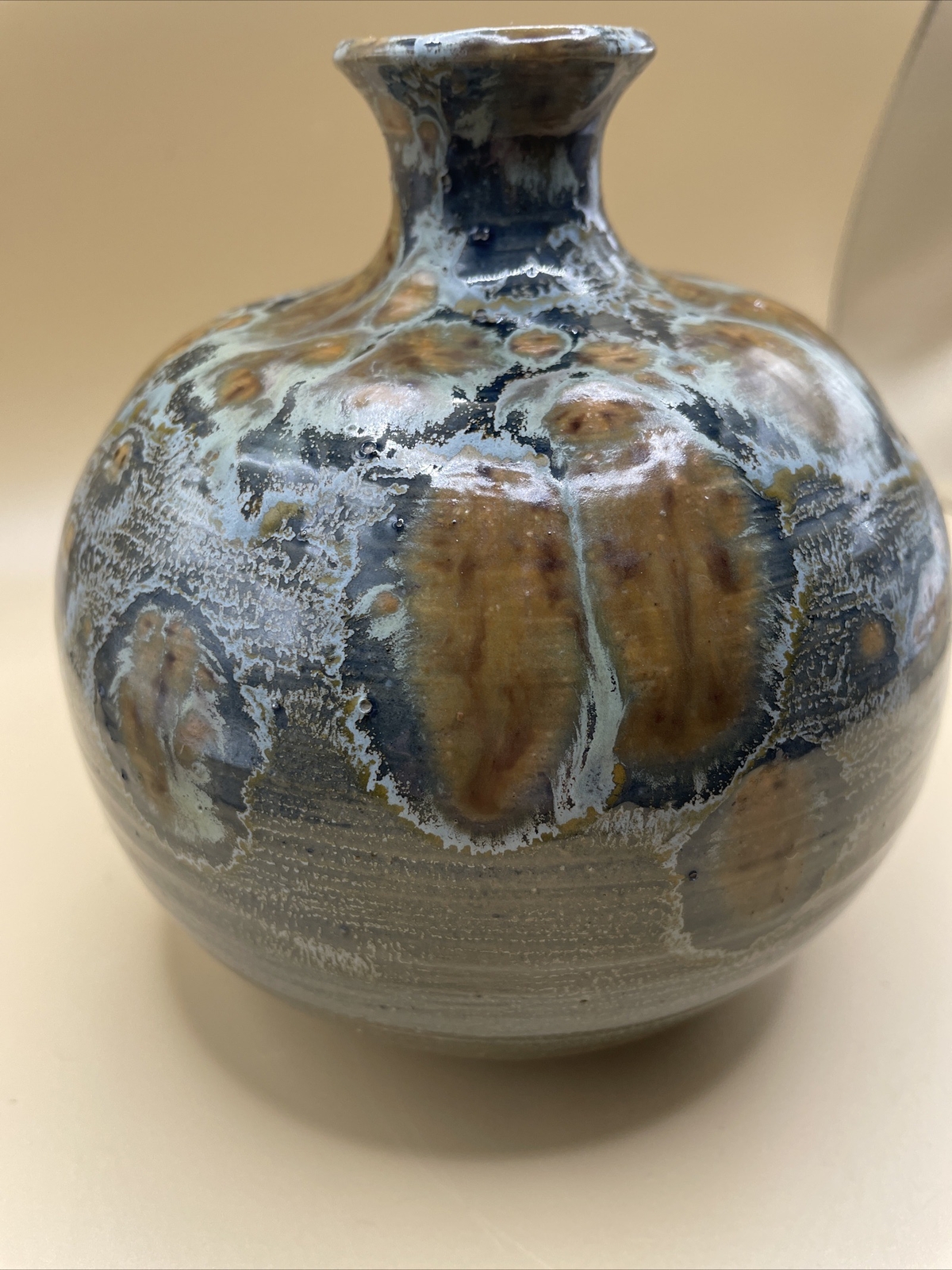 Art Pottery Round Bud Vase Brown/Blue/Gray Spotted Signed- Home Table Decor