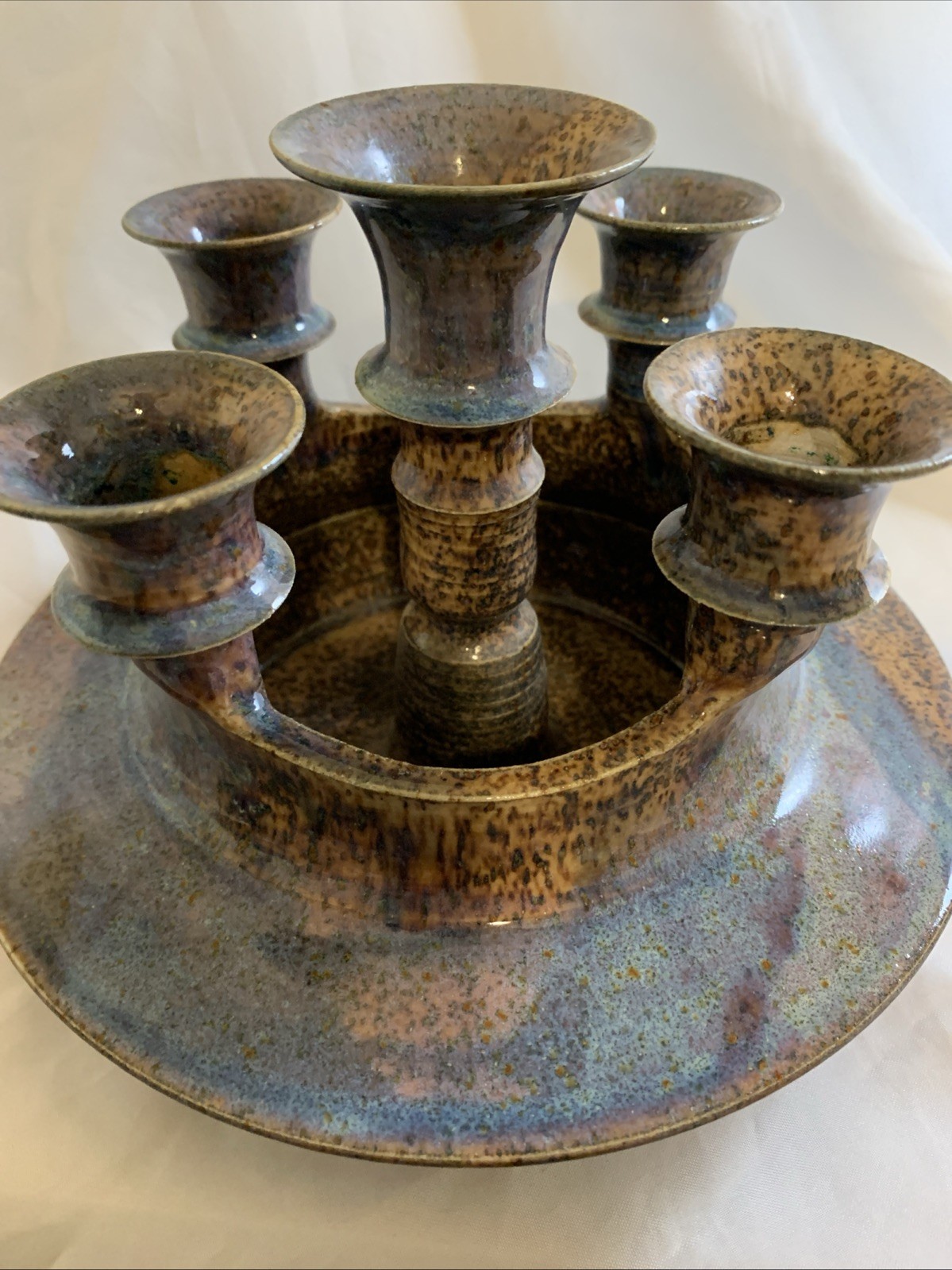 Vintage Handmade Studio Pottery 5 Taper Candlestick Holder Dish Custom Signed