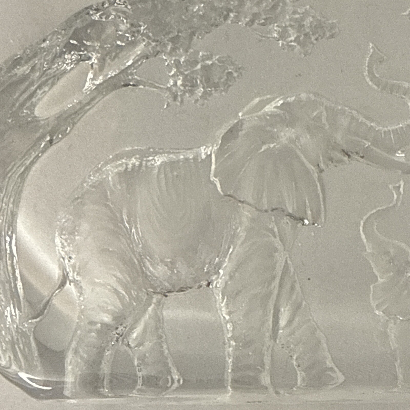 Clear Etched Art Glass Elephant Trunk Up Paper Weight 2.3lbs 5 7/8”x 4 7/8”x1”