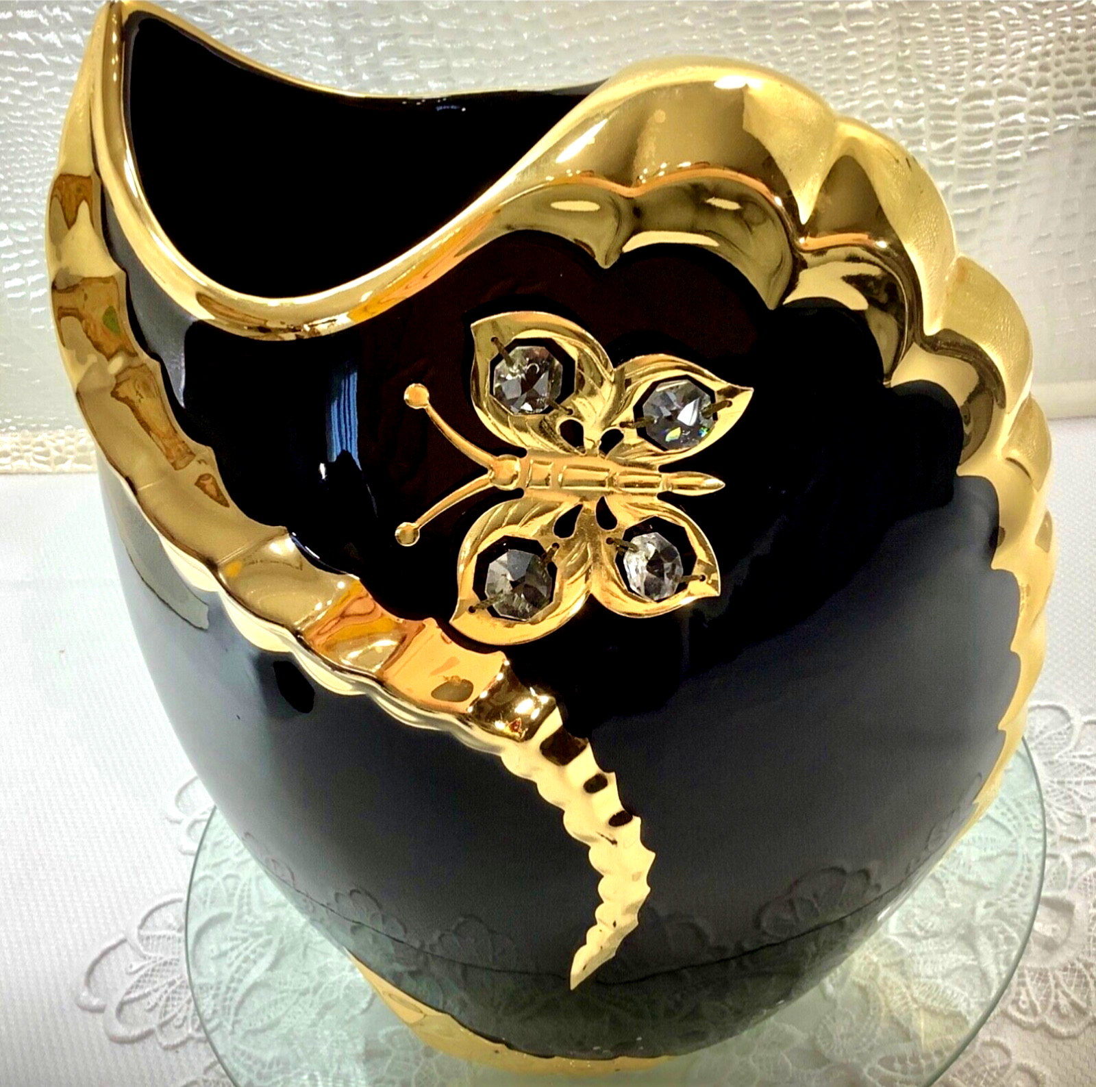 BC Creazioni Dipinto a Mano Signed 12” Black Gold Gilt Encrusted Vase Crystals